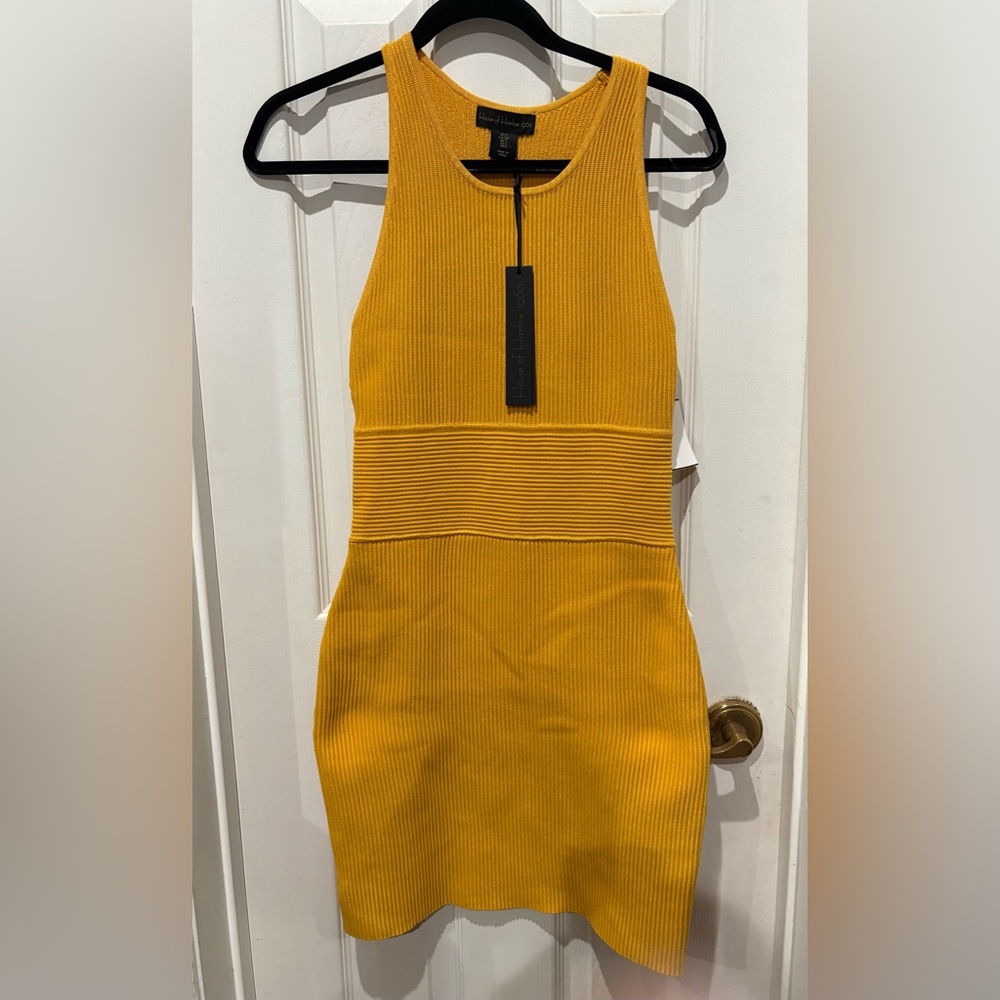 House of Harlow 1960 Gold Sheath Mini Dress Halter Neckline